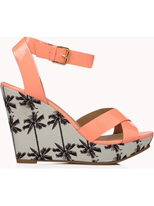 Faux Patent Palm Tree Wedges - predominant colour: coral; secondary colour: mid grey; occasions: casual, evening, holiday; material: faux leather; heel height: high; ankle detail: ankle strap; heel: wedge; toe: open toe/peeptoe; style: strappy; finish: patent; pattern: patterned/print