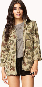 Life In Progress™ Camo Utility Jacket - length: below the bottom; collar: high neck; predominant colour: khaki; secondary colour: stone; occasions: casual; fit: straight cut (boxy); fibres: cotton - 100%; sleeve length: long sleeve; sleeve style: standard; texture group: technical outdoor fabrics; collar break: high; pattern type: fabric; pattern size: big & busy; pattern: patterned/print; style: single breasted military jacket
