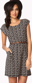 Floral Dress W/ Braided Belt - style: shift; length: mid thigh; neckline: round neck; sleeve style: capped; hip detail: front pockets at hip; waist detail: belted waist/tie at waist/drawstring; secondary colour: white; predominant colour: chocolate brown; occasions: casual, holiday; fit: fitted at waist & bust; fibres: cotton - 100%; sleeve length: short sleeve; texture group: cotton feel fabrics; trends: statement prints; pattern type: fabric; pattern size: standard; pattern: florals