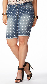 Bermuda Heart Denim Cut Offs - style: shorts; pocket detail: traditional 5 pocket; waist: mid/regular rise; predominant colour: denim; occasions: casual, holiday; fibres: cotton - stretch; texture group: denim; fit: skinny/tight leg; pattern type: fabric; pattern size: standard; pattern: patterned/print; length: just above the knee