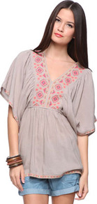 Latin Colors Embroidered Top - neckline: low v-neck; bust detail: added detail/embellishment at bust; length: below the bottom; back detail: tie detail at back; secondary colour: pink; predominant colour: light grey; occasions: casual, holiday; style: top; fibres: viscose/rayon - 100%; fit: empire; sleeve length: short sleeve; sleeve style: standard; texture group: sheer fabrics/chiffon/organza etc.; pattern type: fabric; pattern size: light/subtle; pattern: patterned/print; embellishment: embroidered
