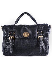 Faux Croc Cross Body Bag - predominant colour: black; occasions: casual, work; type of pattern: light; style: satchel; length: handle; size: standard; material: faux leather; pattern: animal print; finish: plain