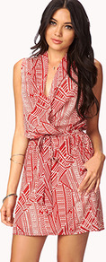 Tribal Print Surplice Dress - style: faux wrap/wrap; length: mid thigh; neckline: low v-neck; fit: fitted at waist; sleeve style: sleeveless; waist detail: belted waist/tie at waist/drawstring; secondary colour: white; predominant colour: true red; occasions: evening; fibres: polyester/polyamide - 100%; sleeve length: sleeveless; texture group: sheer fabrics/chiffon/organza etc.; pattern type: fabric; pattern size: standard; pattern: patterned/print
