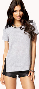 Lace Paneled Tee - pattern: plain; style: t-shirt; back detail: contrast pattern/fabric at back; predominant colour: light grey; secondary colour: black; occasions: casual, evening; length: standard; fibres: cotton - mix; fit: body skimming; neckline: crew; shoulder detail: added shoulder detail; sleeve length: short sleeve; sleeve style: standard; pattern type: fabric; texture group: jersey - stretchy/drapey; embellishment: lace