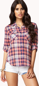 Lightweight Plaid Shirt - neckline: shirt collar/peter pan/zip with opening; pattern: checked/gingham; style: shirt; secondary colour: navy; predominant colour: coral; occasions: casual; length: standard; fibres: cotton - 100%; fit: body skimming; sleeve length: half sleeve; sleeve style: standard; texture group: cotton feel fabrics; pattern type: fabric; pattern size: standard