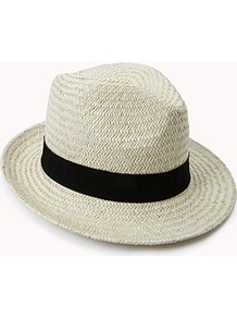 Woven Fedora - predominant colour: white; secondary colour: black; occasions: casual, holiday; type of pattern: light; style: fedora; size: standard; material: macrame/raffia/straw; embellishment: ribbon; pattern: plain