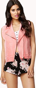 Colored Denim Moto Vest - pattern: plain; sleeve style: sleeveless; style: biker; collar: asymmetric biker; fit: slim fit; predominant colour: pink; occasions: casual, holiday; length: standard; fibres: cotton - stretch; sleeve length: sleeveless; texture group: denim; collar break: medium; pattern type: fabric