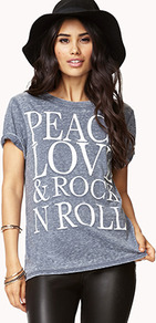 Peace Love Rock N Roll Burnout Tee - bust detail: added detail/embellishment at bust; style: t-shirt; secondary colour: white; predominant colour: mid grey; occasions: casual, holiday; length: standard; fibres: polyester/polyamide - mix; fit: straight cut; neckline: crew; hip detail: contrast fabric/print detail at hip; sleeve length: short sleeve; sleeve style: standard; trends: statement prints; pattern type: fabric; pattern size: big & busy; pattern: patterned/print; texture group: jersey - stretchy/drapey