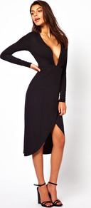 Deep Plunge Midi Dress - neckline: plunge; pattern: plain; style: bodycon; waist detail: fitted waist; predominant colour: black; occasions: evening; length: just above the knee; fit: body skimming; fibres: viscose/rayon - stretch; back detail: longer hem at back than at front; sleeve length: long sleeve; sleeve style: standard; texture group: jersey - clingy; pattern type: fabric