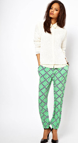Soft Trousers In Geo Print With Elastic Cuff Hem - length: standard; style: peg leg; waist: mid/regular rise; secondary colour: white; predominant colour: mint green; occasions: casual, evening, work; fibres: polyester/polyamide - 100%; texture group: crepes; fit: tapered; pattern type: fabric; pattern size: big & busy; pattern: patterned/print