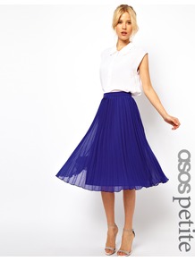 Petite Pleated Midi Skirt - length: below the knee; pattern: plain; fit: loose/voluminous; style: pleated; waist: mid/regular rise; predominant colour: royal blue; occasions: casual, evening, work, occasion; fibres: polyester/polyamide - 100%; texture group: sheer fabrics/chiffon/organza etc.; trends: volume; pattern type: fabric