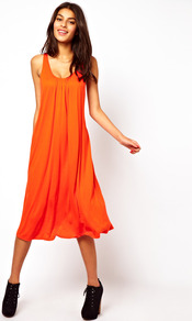 Midi Sundress With Ruched Back - style: smock; length: below the knee; fit: loose; pattern: plain; sleeve style: sleeveless; back detail: low cut/open back; predominant colour: bright orange; occasions: casual, holiday; neckline: scoop; fibres: viscose/rayon - stretch; sleeve length: sleeveless; trends: volume; pattern type: fabric; pattern size: standard; texture group: jersey - stretchy/drapey