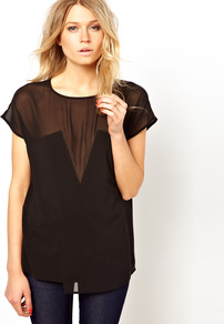 Top With Sheer And Solid Applique - neckline: round neck; pattern: plain; bust detail: sheer at bust; shoulder detail: contrast pattern/fabric at shoulder; predominant colour: black; occasions: casual, evening; length: standard; style: top; fibres: polyester/polyamide - 100%; fit: loose; back detail: keyhole/peephole detail at back; sleeve length: short sleeve; sleeve style: standard; texture group: sheer fabrics/chiffon/organza etc.; pattern type: fabric