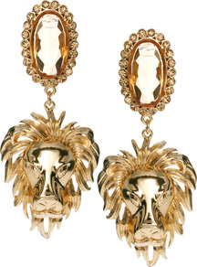 Regal Lion Drop Earring - predominant colour: gold; occasions: evening, occasion; style: drop; length: long; size: large/oversized; material: chain/metal; fastening: pierced; finish: metallic; embellishment: jewels