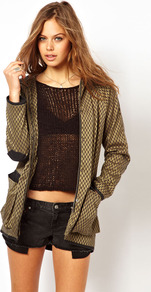 Jacquard Parka With Leather Look Hood - length: below the bottom; fit: loose; style: mac; back detail: hood; predominant colour: gold; secondary colour: black; occasions: casual; fibres: polyester/polyamide - stretch; collar: shirt collar/peter pan/zip with opening; sleeve length: long sleeve; sleeve style: standard; collar break: high; pattern type: fabric; pattern size: light/subtle; pattern: patterned/print; texture group: brocade/jacquard
