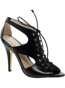 Maina Strapped Heeled Sandals - predominant colour: black; occasions: evening, work; material: leather; heel height: high; heel: stiletto; toe: open toe/peeptoe; style: gladiators; finish: plain; pattern: plain