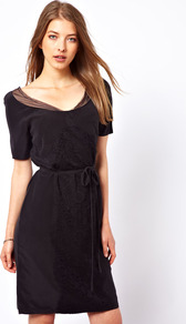 Silk Dress With Lace Panel And Tie Waist - style: shift; fit: fitted at waist; pattern: plain; waist detail: belted waist/tie at waist/drawstring; predominant colour: black; occasions: casual, evening; length: just above the knee; neckline: scoop; fibres: silk - 100%; sleeve length: short sleeve; sleeve style: standard; texture group: silky - light; pattern type: fabric