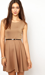 A Wear Belted Skater Dress - length: mid thigh; neckline: round neck; sleeve style: capped; pattern: plain; waist detail: belted waist/tie at waist/drawstring; predominant colour: camel; occasions: casual, evening, occasion; fit: fitted at waist & bust; style: fit & flare; fibres: polyester/polyamide - stretch; sleeve length: short sleeve; pattern type: fabric; texture group: other - stretchy