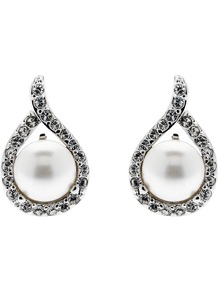 Teardrop Pearl And Swarovski Crystal Stud Earrings, White - predominant colour: ivory; secondary colour: silver; occasions: evening, work, occasion; style: stud; length: short; size: small; material: chain/metal; fastening: pierced; finish: plain; embellishment: pearls