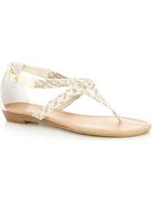 Cream Crochet Sandals - predominant colour: ivory; secondary colour: silver; occasions: casual, holiday; material: faux leather; heel height: flat; ankle detail: ankle strap; heel: block; toe: toe thongs; style: standard; finish: plain; pattern: plain