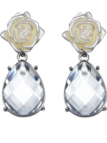 Camellia Earring - secondary colour: ivory; predominant colour: light grey; occasions: evening, work, occasion; style: drop; length: mid; size: small; material: chain/metal; fastening: pierced; finish: plain; embellishment: crystals