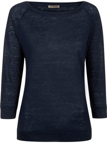 Linen Jersey Raglan Top - pattern: plain; predominant colour: black; occasions: casual; length: standard; style: top; fibres: linen - 100%; fit: body skimming; neckline: crew; sleeve length: 3/4 length; sleeve style: standard; texture group: linen; pattern type: fabric