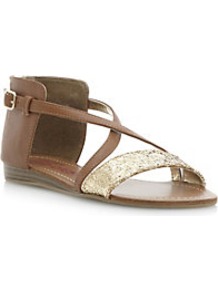 Joosy Back Zip Glitter Gladiator Sandal - predominant colour: tan; secondary colour: gold; occasions: casual, holiday; material: faux leather; heel height: flat; embellishment: glitter; heel: standard; toe: open toe/peeptoe; style: strappy; finish: plain; pattern: colourblock