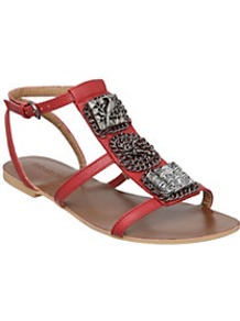 Jadarv Chain Detail T Bar Sandal - predominant colour: true red; secondary colour: silver; occasions: casual, holiday; material: faux leather; heel height: flat; ankle detail: ankle strap; heel: standard; toe: open toe/peeptoe; style: strappy; finish: plain; pattern: plain; embellishment: chain/metal