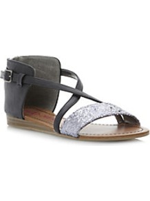 Joosy Back Zip Glitter Gladiator Sandal - secondary colour: silver; predominant colour: black; occasions: casual, holiday; material: faux leather; heel height: flat; embellishment: glitter; heel: standard; toe: open toe/peeptoe; style: gladiators; finish: plain; pattern: colourblock