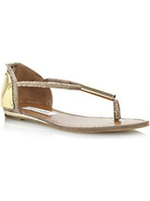 Reader Metal Plate Detail Toe Post Sandal - predominant colour: camel; secondary colour: gold; occasions: casual, evening, holiday; material: fabric; heel height: flat; heel: standard; toe: toe thongs; style: flip flops / toe post; finish: plain; pattern: patterned/print; embellishment: chain/metal
