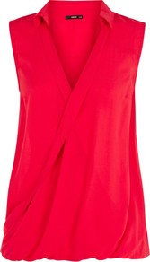 Sleeveless Wrap Shirt - neckline: shirt collar/peter pan/zip with opening; pattern: plain; sleeve style: sleeveless; waist detail: elasticated waist; style: wrap/faux wrap; bust detail: ruching/gathering/draping/layers/pintuck pleats at bust; predominant colour: true red; occasions: casual, evening, work, holiday; length: standard; fibres: viscose/rayon - 100%; fit: body skimming; hip detail: soft pleats at hip/draping at hip/flared at hip; sleeve length: sleeveless; pattern type: fabric; texture group: other - light to midweight