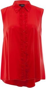 Coral Dip Hem Frill Sleeveless Shirt - neckline: shirt collar/peter pan/zip with opening; pattern: plain; sleeve style: sleeveless; style: shirt; predominant colour: true red; occasions: casual, work; length: standard; fibres: polyester/polyamide - 100%; fit: body skimming; back detail: longer hem at back than at front; sleeve length: sleeveless; texture group: sheer fabrics/chiffon/organza etc.; bust detail: tiers/frills/bulky drapes/pleats; pattern type: fabric