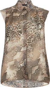 Snake Sleeveless Shirt - neckline: shirt collar/peter pan/zip with opening; sleeve style: capped; style: shirt; secondary colour: chocolate brown; predominant colour: camel; occasions: casual, holiday; length: standard; fibres: polyester/polyamide - 100%; fit: straight cut; back detail: longer hem at back than at front; sleeve length: short sleeve; texture group: sheer fabrics/chiffon/organza etc.; pattern type: fabric; pattern size: standard; pattern: animal print