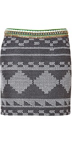 Embellished Waist Woven Mini Skirt In Grey - length: mid thigh; style: straight; fit: tailored/fitted; waist detail: embellishment at waist/feature waistband; hip detail: fitted at hip; waist: mid/regular rise; secondary colour: white; predominant colour: charcoal; occasions: casual, evening, work, occasion; fibres: wool - mix; trends: modern geometrics; pattern type: fabric; pattern size: big & busy; pattern: patterned/print; texture group: jersey - stretchy/drapey; embellishment: beading