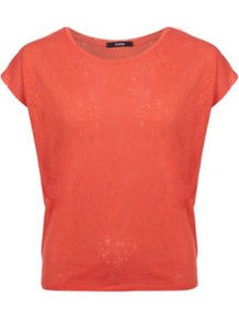Paisley Burnout T Shirt Hot Orange - neckline: round neck; pattern: plain; style: t-shirt; predominant colour: bright orange; occasions: casual; length: standard; fibres: polyester/polyamide - mix; fit: loose; sleeve length: short sleeve; sleeve style: standard; pattern type: fabric; texture group: jersey - stretchy/drapey