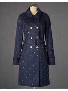 Autumn Trench - style: trench coat; pattern: polka dot; collar: standard lapel/rever collar; length: mid thigh; predominant colour: navy; fit: tailored/fitted; fibres: cotton - 100%; waist detail: belted waist/tie at waist/drawstring; shoulder detail: discreet epaulette; sleeve length: long sleeve; sleeve style: standard; texture group: cotton feel fabrics; collar break: medium; pattern type: fabric; pattern size: light/subtle