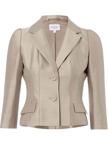 Bella Jacket, Oyster - pattern: plain; style: single breasted blazer; collar: standard lapel/rever collar; predominant colour: champagne; occasions: evening, occasion; length: standard; fit: tailored/fitted; fibres: wool - mix; sleeve length: 3/4 length; sleeve style: standard; texture group: structured shiny - satin/tafetta/silk etc.; collar break: medium; pattern type: fabric