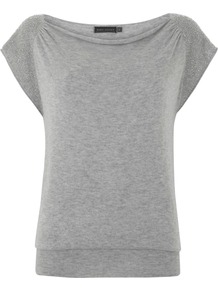 Silver Grey Bead Sleeve Knit, Grey - neckline: slash/boat neckline; sleeve style: capped; pattern: plain; length: below the bottom; style: tunic; predominant colour: light grey; occasions: casual, holiday; fibres: cotton - mix; fit: loose; shoulder detail: added shoulder detail; sleeve length: short sleeve; texture group: knits/crochet; trends: sporty redux; pattern type: knitted - fine stitch; embellishment: beading