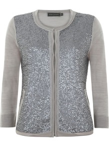 Stone Sequin Front Cardigan, Stone - neckline: round neck; pattern: plain; bust detail: added detail/embellishment at bust; predominant colour: stone; occasions: casual, evening, occasion, holiday; length: standard; style: standard; fibres: wool - 100%; fit: slim fit; sleeve length: 3/4 length; sleeve style: standard; texture group: knits/crochet; pattern type: knitted - fine stitch; embellishment: sequins