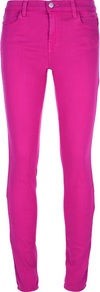 Super Skinny Jean - style: skinny leg; length: standard; pattern: plain; pocket detail: traditional 5 pocket; waist: mid/regular rise; predominant colour: hot pink; occasions: casual, evening, holiday; fibres: viscose/rayon - stretch; texture group: denim; pattern type: fabric