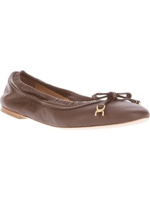 Bow Detail Ballerina Pump - predominant colour: chocolate brown; occasions: casual, work; material: leather; heel height: flat; embellishment: elasticated; toe: round toe; style: ballerinas / pumps; finish: plain; pattern: plain