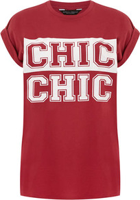 Pink 'Chic Chic' Motif Tee - style: t-shirt; secondary colour: white; predominant colour: true red; occasions: casual, holiday; length: standard; fibres: viscose/rayon - 100%; fit: straight cut; neckline: crew; bust detail: contrast pattern/fabric/detail at bust; sleeve length: short sleeve; sleeve style: standard; pattern type: fabric; pattern size: standard; pattern: patterned/print; texture group: jersey - stretchy/drapey