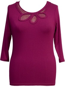 Hot Pink Plait/Mesh Trim T Shirt - neckline: round neck; pattern: plain; bust detail: added detail/embellishment at bust; predominant colour: magenta; occasions: casual; length: standard; style: top; fibres: viscose/rayon - stretch; fit: tight; sleeve length: long sleeve; sleeve style: standard; pattern type: fabric; texture group: jersey - stretchy/drapey; embellishment: embroidered