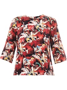 Tulip Print Flare Top - occasions: casual, evening; length: standard; style: top; fibres: silk - 100%; fit: straight cut; neckline: crew; predominant colour: multicoloured; sleeve length: 3/4 length; sleeve style: standard; texture group: silky - light; trends: high impact florals; pattern type: fabric; pattern size: standard; pattern: florals