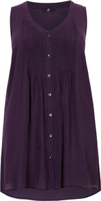Purple Sleeveless Pintuck Shirt - neckline: v-neck; pattern: plain; sleeve style: sleeveless; length: below the bottom; style: blouse; bust detail: ruching/gathering/draping/layers/pintuck pleats at bust; predominant colour: purple; occasions: casual, holiday; fit: empire; back detail: longer hem at back than at front; sleeve length: sleeveless; pattern type: fabric; texture group: jersey - stretchy/drapey; fibres: viscose/rayon - mix