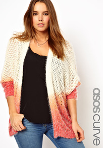 Curve Cardigan In Fluffy Dip Dye - length: below the bottom; neckline: collarless open; style: open front; predominant colour: white; secondary colour: coral; occasions: casual; fibres: acrylic - mix; fit: loose; sleeve length: long sleeve; sleeve style: standard; texture group: knits/crochet; pattern type: knitted - big stitch; pattern size: standard; pattern: colourblock