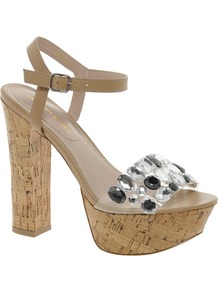 Kg Nala Leather Cork Platform Sandals - predominant colour: stone; secondary colour: black; occasions: evening, occasion, holiday; material: leather; embellishment: jewels; ankle detail: ankle strap; heel: platform; toe: open toe/peeptoe; style: standard; finish: plain; pattern: plain; heel height: very high