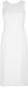 Sleeveless Pleated Dress - style: shift; length: below the knee; neckline: round neck; fit: tailored/fitted; pattern: plain; sleeve style: sleeveless; waist detail: twist front waist detail/nipped in at waist on one side/soft pleats/draping/ruching/gathering waist detail; predominant colour: white; occasions: casual, evening, occasion; fibres: cotton - stretch; sleeve length: sleeveless; texture group: cotton feel fabrics; trends: volume; pattern type: fabric