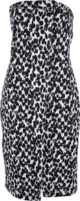 Strapless Printed Dress - neckline: strapless (straight/sweetheart); fit: tailored/fitted; sleeve style: strapless; style: sundress; secondary colour: white; predominant colour: black; occasions: casual, evening, holiday; length: just above the knee; fibres: cotton - stretch; sleeve length: sleeveless; texture group: cotton feel fabrics; trends: statement prints; pattern type: fabric; pattern size: standard; pattern: patterned/print