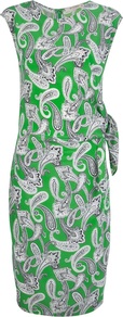 Paisley Print Shift Dress - style: shift; neckline: slash/boat neckline; fit: tailored/fitted; sleeve style: sleeveless; pattern: paisley; waist detail: belted waist/tie at waist/drawstring; predominant colour: emerald green; secondary colour: light grey; occasions: evening, work, occasion; length: on the knee; fibres: silk - 100%; sleeve length: sleeveless; texture group: silky - light; trends: statement prints, glamorous day shifts; pattern type: fabric; pattern size: big & busy